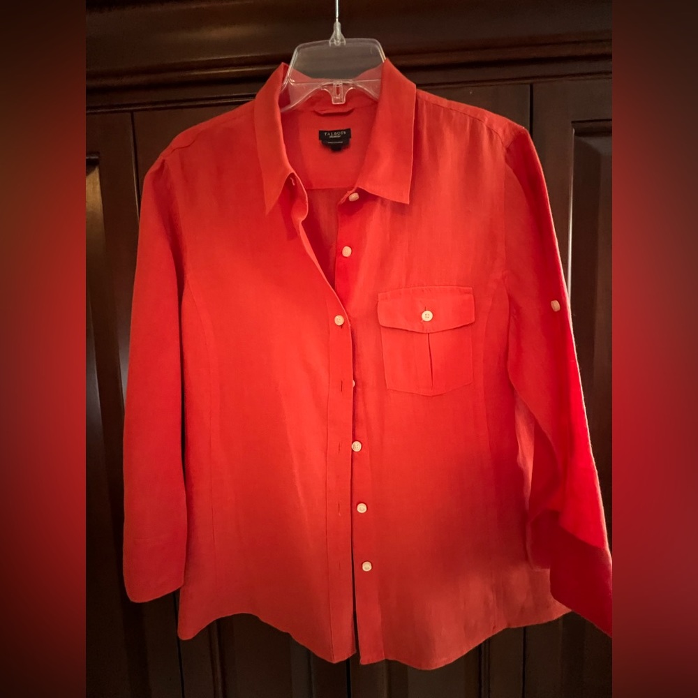 Talbots orange linen shirt with button up sleeves